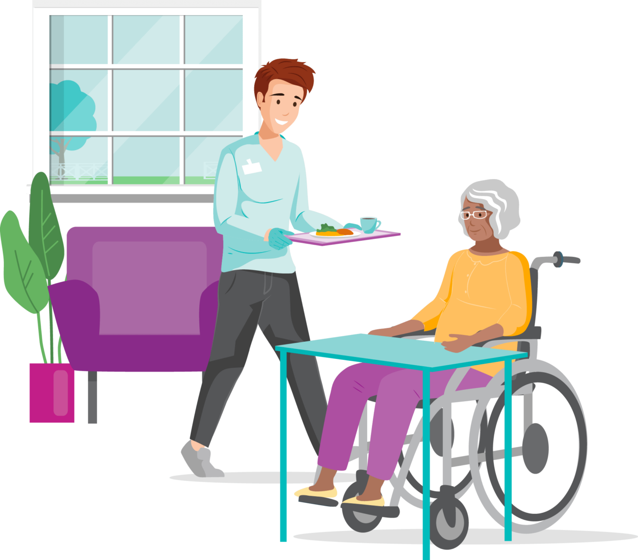 An illustration of a young male caregiver serving a meal to an elderly woman sitting in a wheelchair in a cozy room.