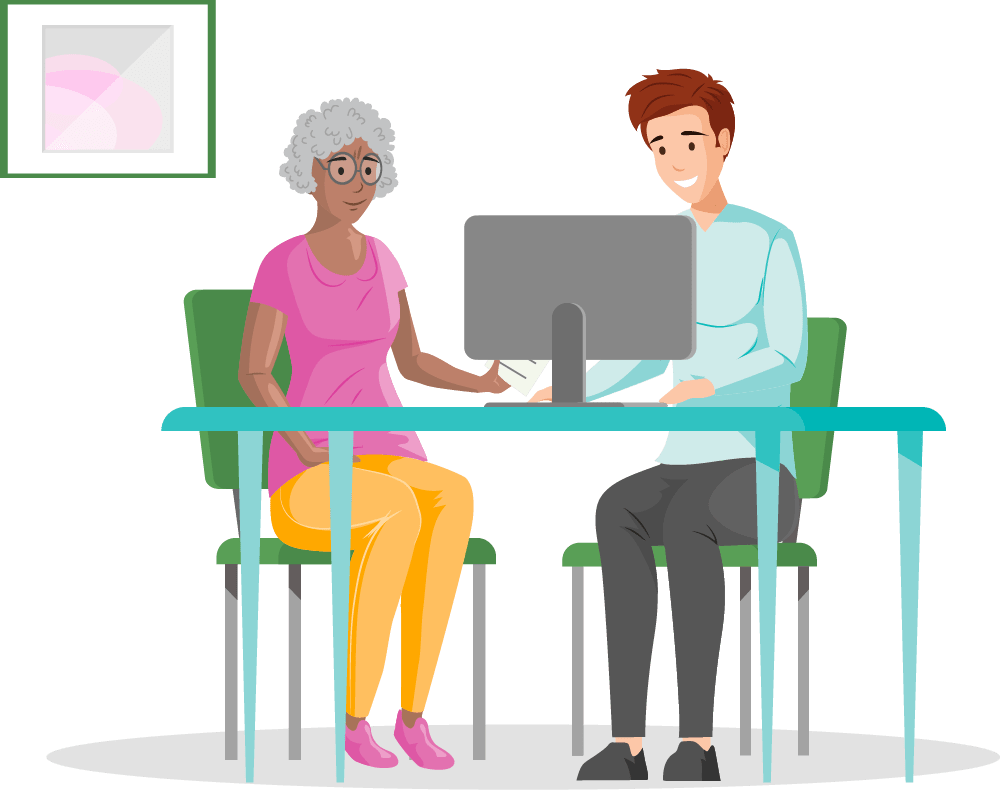 Illustration of a young man and old woman sitting at a table working on a computer with a picture hanging on the wall behind them