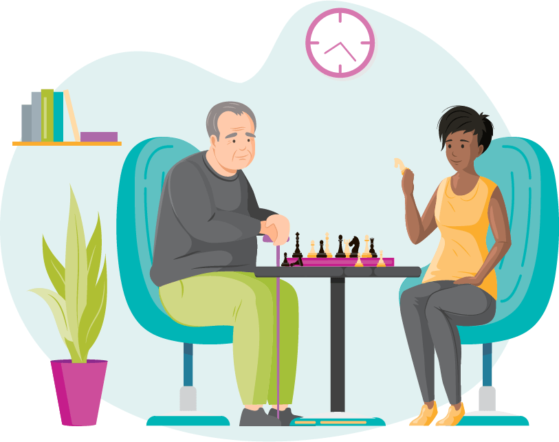 Illustration of a caregiver and her client playing chess together