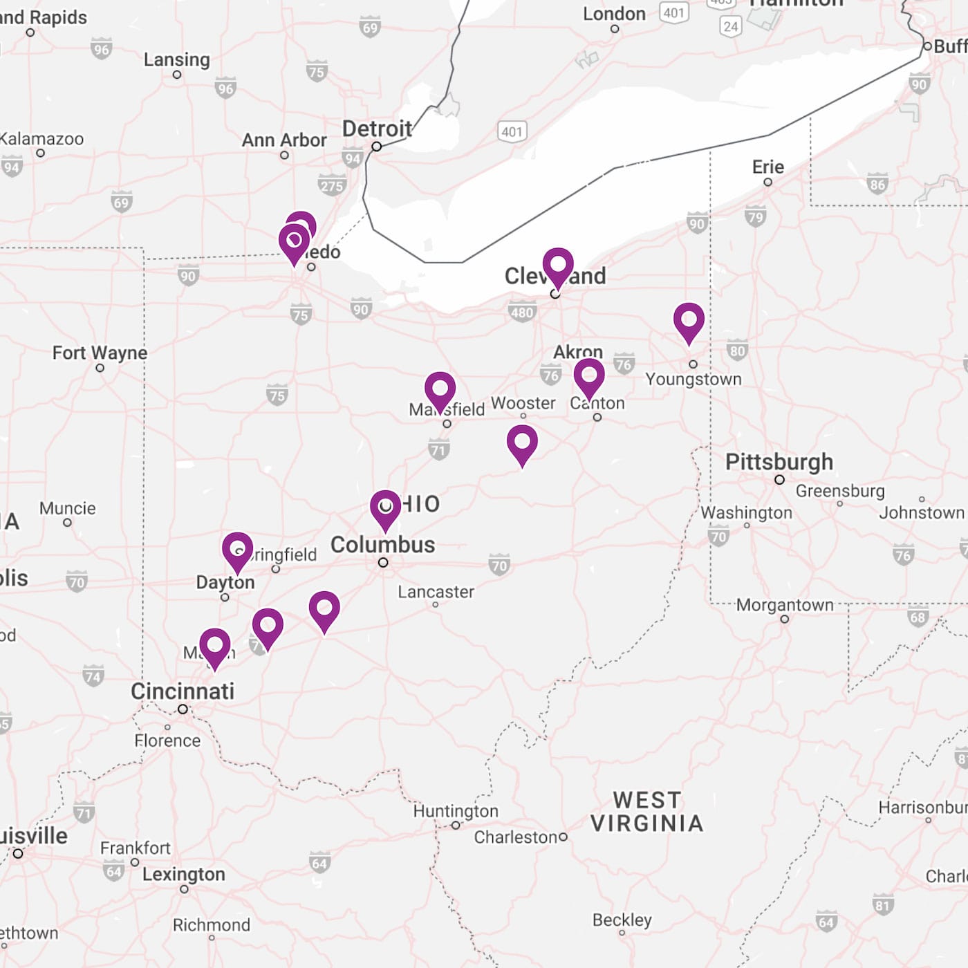 Map of Ohio locations