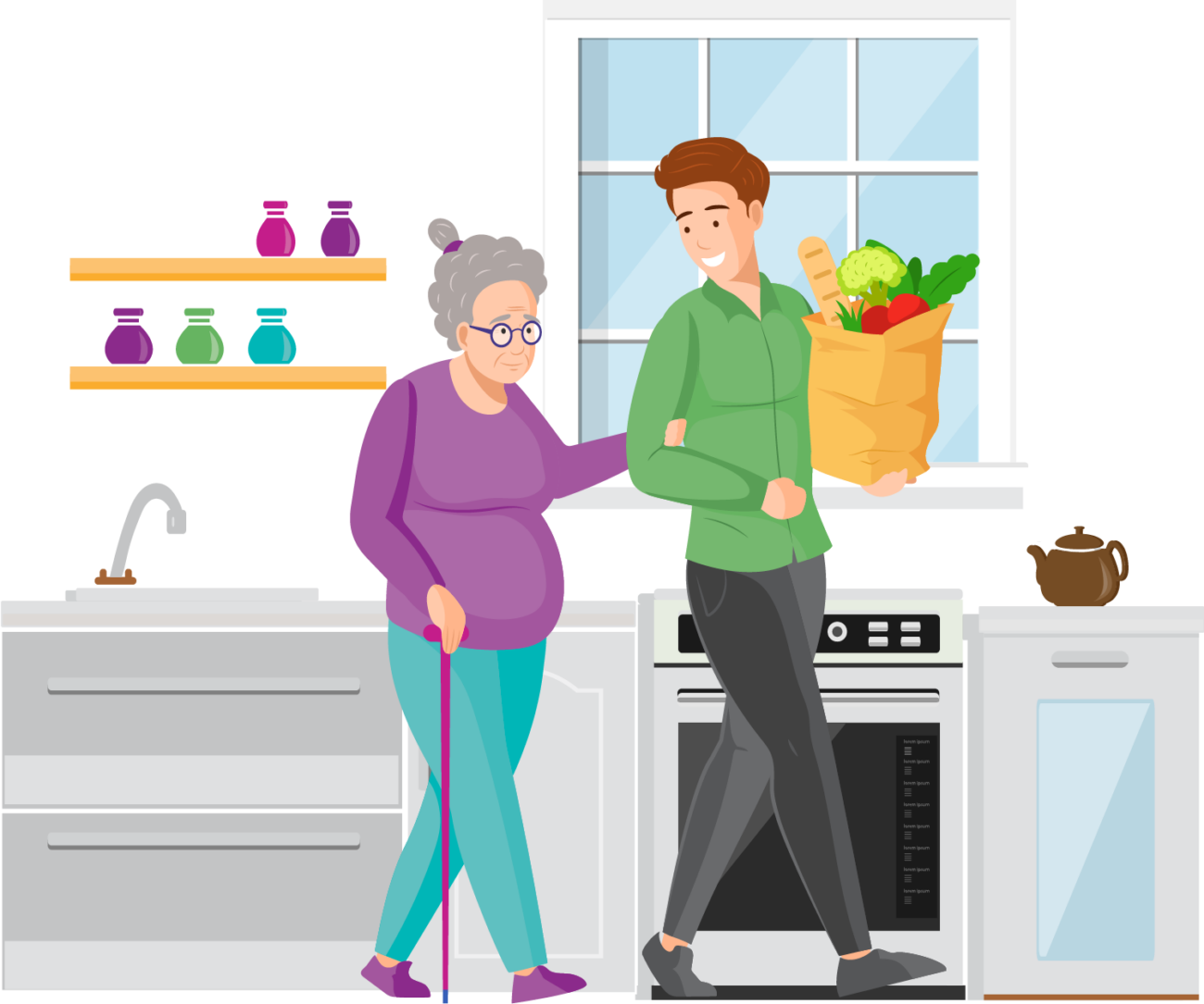 Illustration of a man helping an old woman bring in groceries