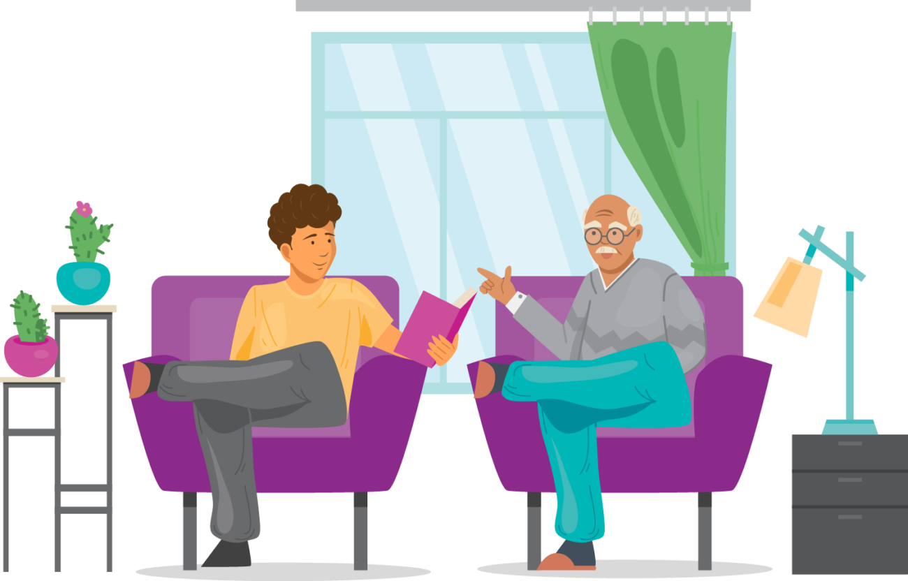 An Illustration of two people sitting in chairs, one reading a book