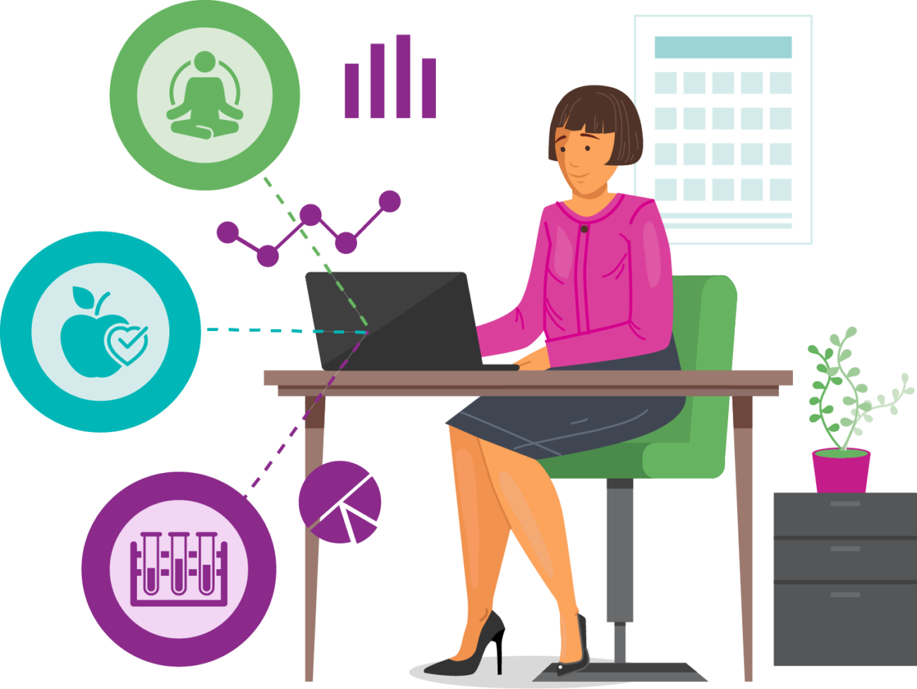 Illustration of a woman sitting at a desk working on a laptop