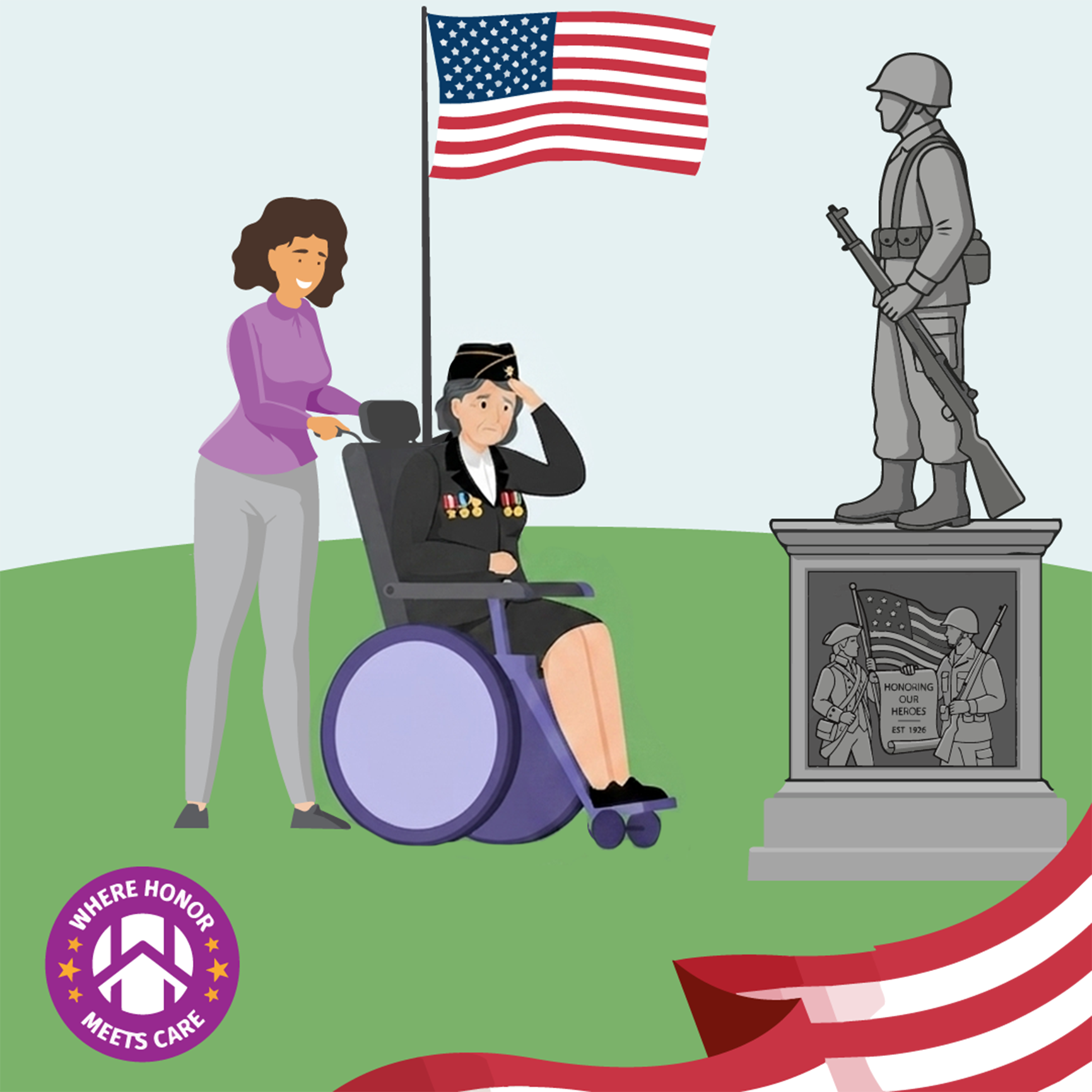 Veteran in a wheelchair with her caregiver honoring military service at a memorial, reflecting Help at Home's commitment to serving those who have served.
